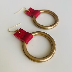 Gold Hoop Earrings with a Red Leather Strap Mixed Media NWOT